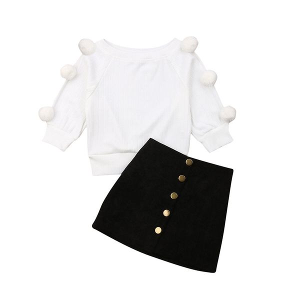 

newborn baby kids girls clothes round neck tassel long sleeve pullover button solid skirts 2pc autumn outfits, White
