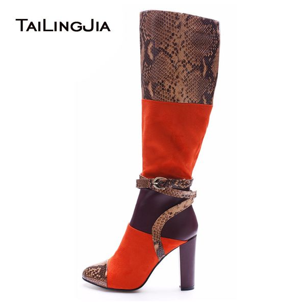 

women snake print high heel boots crocodile pattern chunky heel round toe knee high boots ladies winter shoes big size 2018, Black