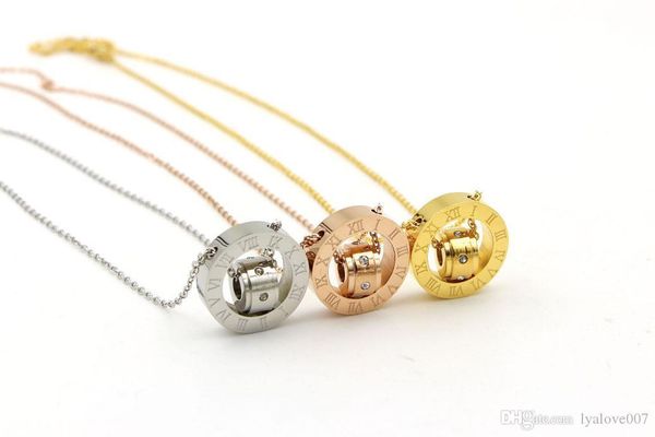 

brand stainless steel roman numerals 2 circles love pendant necklace for women men crystals chain jewelry gift, Silver