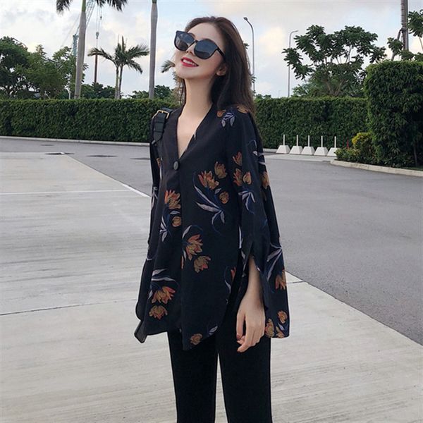 

korean v-neck womens and blouses fashion print long sleeve a buckle chiffon shirts streetwear casual spring blouses, White