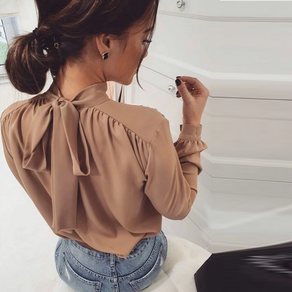 

women office lady back bow bakcge blouse long sleeve stand collar solid elegant casual shirts 2020 summer new fashion blouse, White