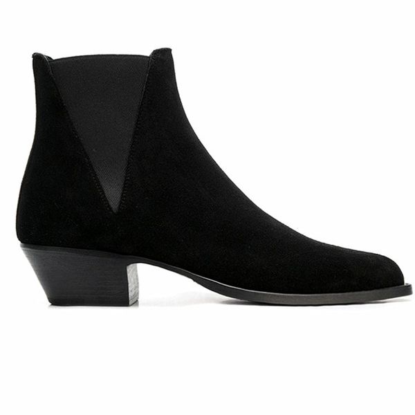 

elastic tightness triangle patchwork suede male boots slim real picture wedge formal banquet black boots