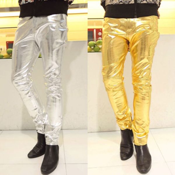 

2018 new xmas gillter pu pant men cosplay stage performance slim trousers men fashion club fight skinny faux leather pants, Black