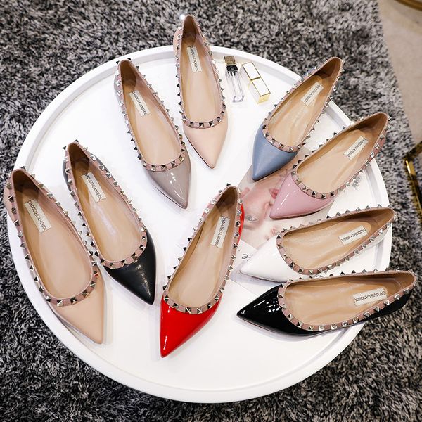 

fashion new woman women lady 2019sss poined toes casual rivets spikes studded flats loafer shoes black patent leather slipper