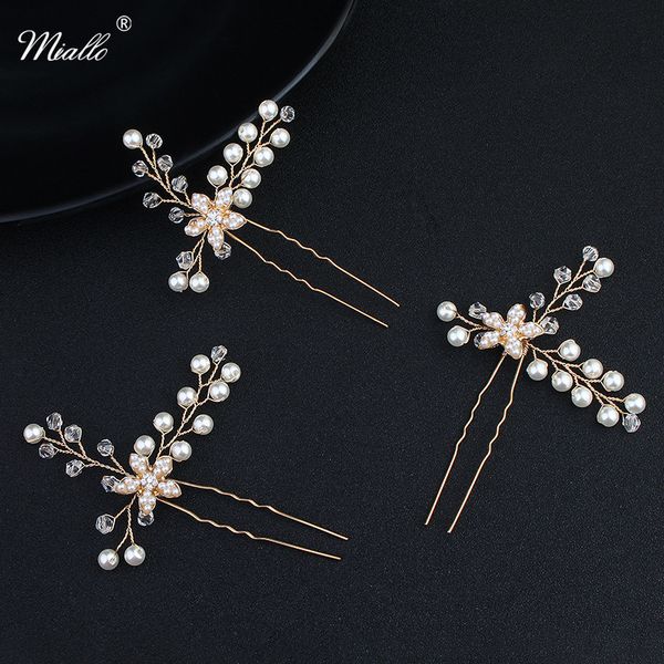 

miallo 3pcs/lot women hairpins wedding hair jewelry accessories crystal pearls hair stick ornaments for bride, Golden;white