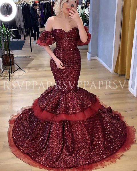 

party dresses long evening 2021 mermaid cap sleeve sweetheart glitter arabic burgundy women formal gowns, White;black