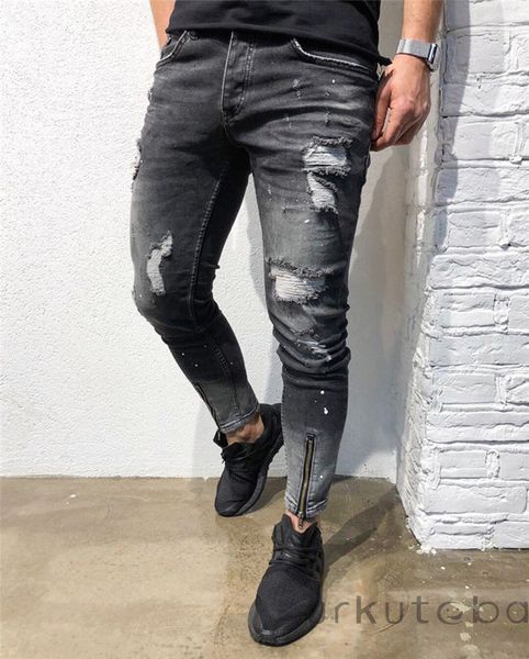 

hirigin men stretchy skinny pencil hole jeans biker jogger slim fit denim ripped long pants, Blue