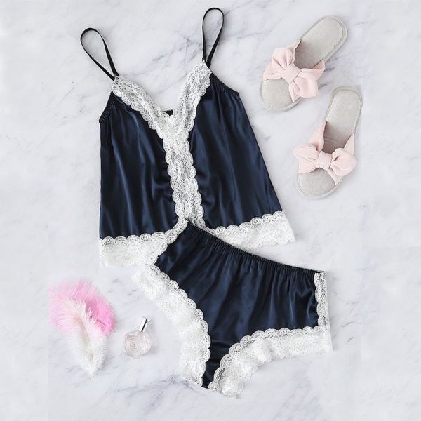 

2pcs women satin lace sleepwear babydoll lingerie nightdress pajamas set, Blue;gray