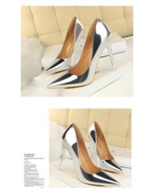 

металлические женщины стилет платье обувь дамы pu высокие каблуки зашнуровать острым носом металлический цвет насосы партия сексуальная леди, Black