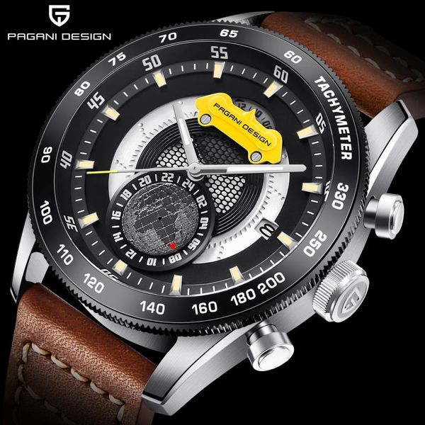 

pagani design brand men sports japanese quartz watches fashion leather strap calendar multifunction waterproof wristwatch, Slivery;brown