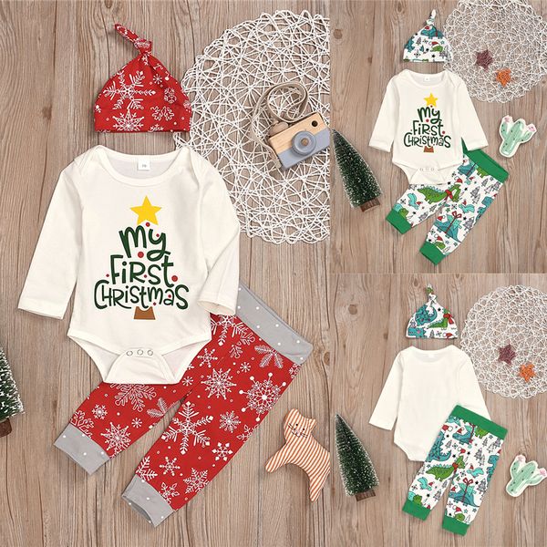 

christmas kids clothes set 2 colors long-sleeved lettered printed jumpsuits+cartoon christmas tree trousers+hat 3 pieces sets tjy809, White
