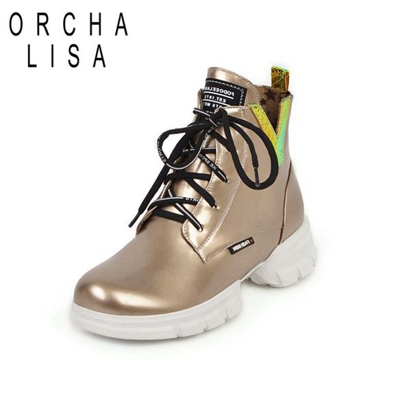 

orcha lisa 2020 hiking boots round toe sneakers lace up shoes ladies ankle boots flat platform autumn winter women size 43, Black