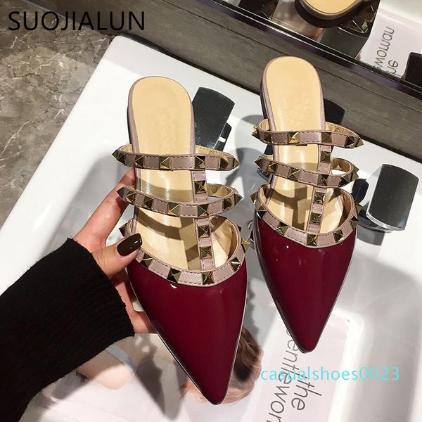 

suojialun women flat slippers slip on mules brand designers 2019 fashion luxury rivet t-strap slides slip on loafers mules c23, Black