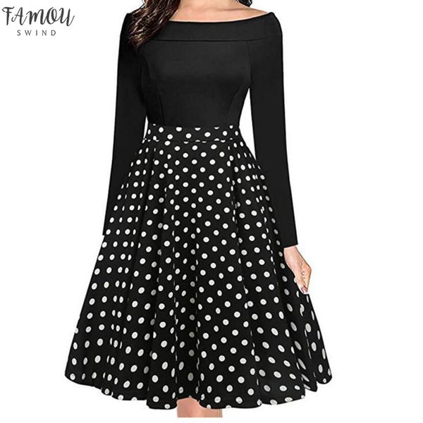 

платье женщин способа slash-шея плечо платья с длинным рукавом длиной до колен dot печати платья женщины aug15, Black;gray