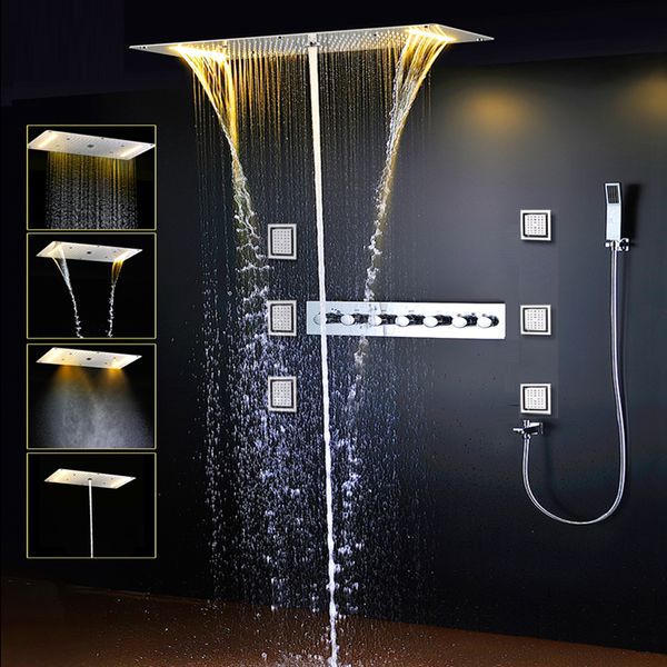 Sistema de chuveiro de banho moderno, 5 funções, eletrônico, led, chuveiro de chuva, montado no teto, cabeça de chuveiro, cachoeira, chuva, coluna enevoada, spray de jato de 4