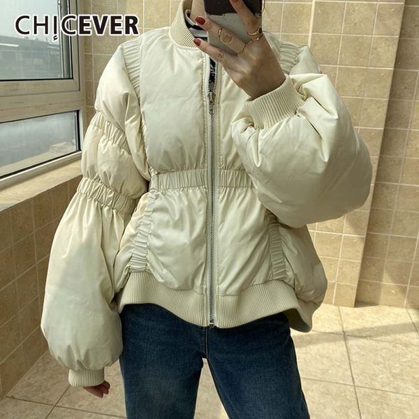 

chicever casual ruched women's cotton coats stand collar lantern long sleeve high waist tunic parkas female 2019 clothes new, Black