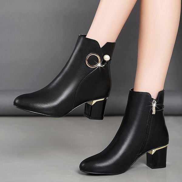 

women's rubber boots booties woman 2019 low heel boots-women winter footwear lace up luxury designer autumn shoes zipper round, Black