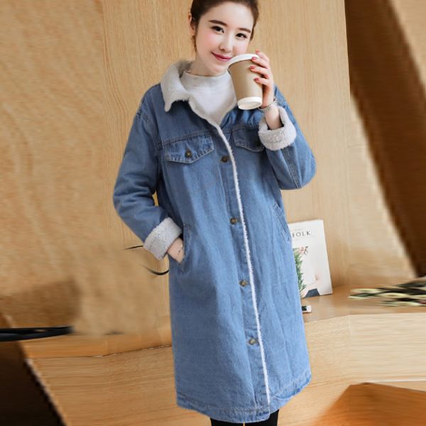 

fashion women jeans denim blouse lapel thick long sleeve loose coat long overcoat streetwear female solid ladies 10.4, Black