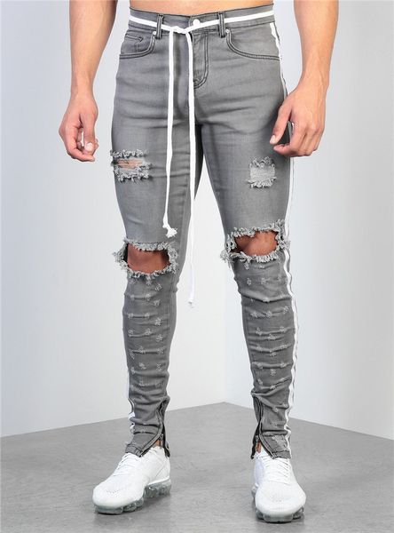 

mens gray wash pencil jeans fashion ripped dietrressed pants mens designer skinny jeans with zipper men panelled pants, Blue
