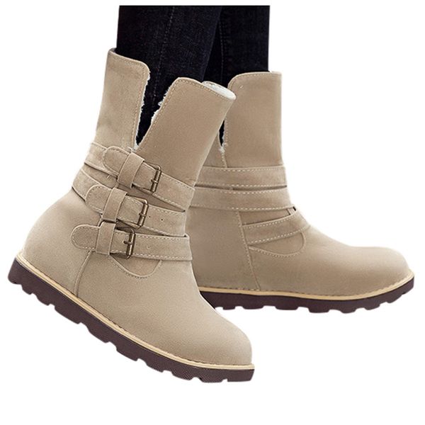 Hot Sale-Schnalle kurze Booties Tube LadyAutumn Winter dicker warmer flacher Baumwollschuh mit Gürtel Schneestiefel mit dickem Gestrüpp Plus Größe 35-43