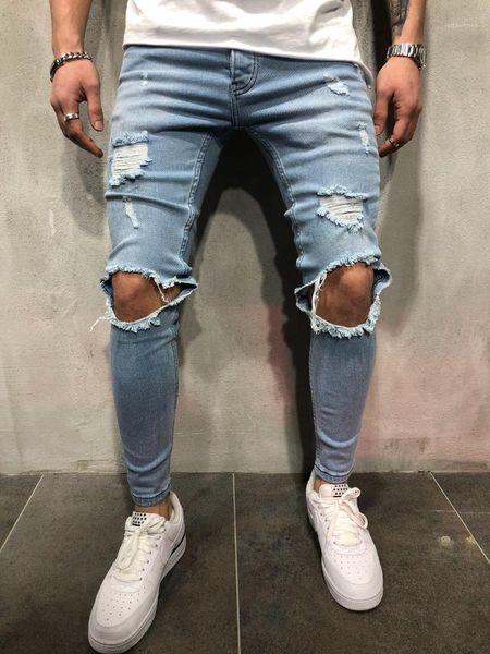 

мужские slim fit подросток мальчик хип-хоп рваные джинсовые брюки привет улица скейтборд отверстия дизайнерские джинсы, Blue