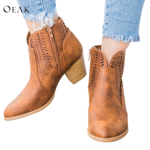 

oeak drop shipping 2019 new women's boots fashion square heel basic casual solid color roman pumps zipper boots, Black