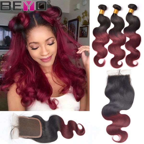 

ombre человеческих волос пучки с закрытие 1b / 99j body wave связки с закрытием бразильский девы волос пучки с затворы волос remy beyo, Black;brown
