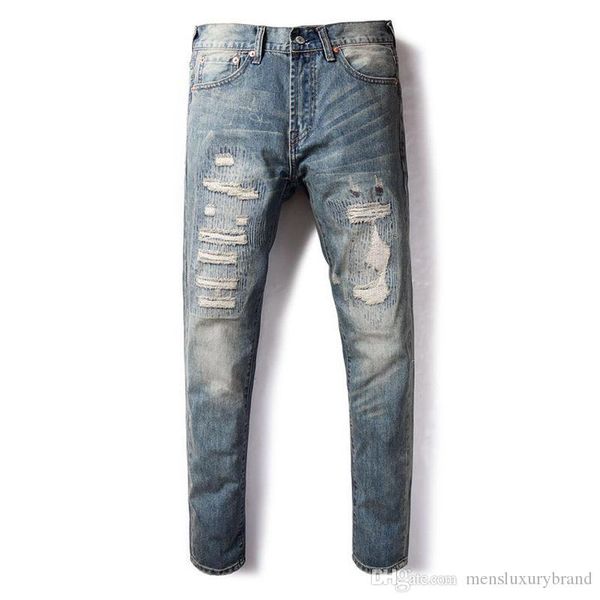 

урожай дизайнер джинсы для мужчин середина талии обычная омывается zipper современные мужские тонкий джинсы мужской одежды, Blue