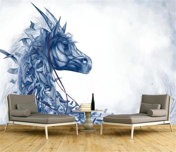

комикс обои простой мультфильм blue ink horse home decor 3d обои
