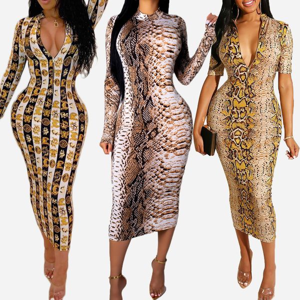 

2020 new arrival women's dress designer for summer luxury snakeskin print long sleeve dress v-neck bodycon dress & club style europe, Black;gray