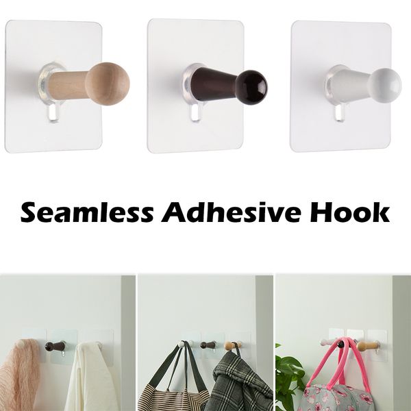 

2pcs/set transparent seamless adhesive wooden hook no drills wall mounted clothes hooks strong sticking hanger
