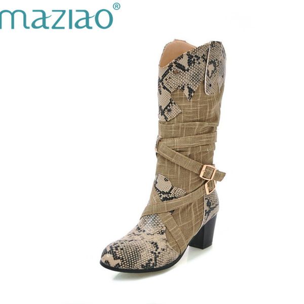 

maziao women's winter snow boots lady's western cowboy boots snake print mid calf snow shoes women botas mujer fur, Black