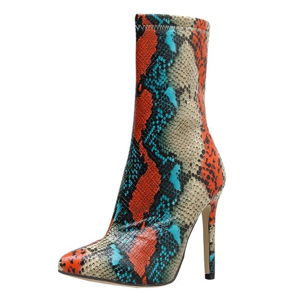 

boots spring new women snake skin pointed toe mid-calf zipper side stiletto heel short boots lady bootie dropship, Black