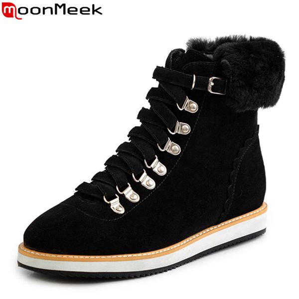 

moonmeek 2020 new arrive classic casual ankle boots comfortable flat heel round toe lace up shoes woman winter snow boots, Black