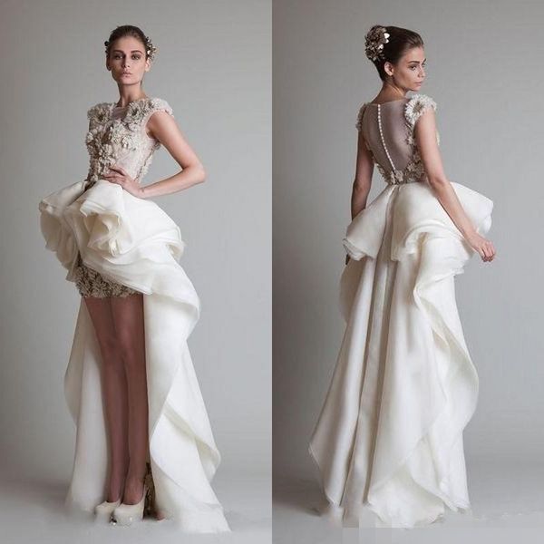 

Krikor Jabotian Элегантные Высокие Низкие Короткие Платья Выпускного Вечера Прозрачная Пуговица на Спине Круглый Поезд Кружева Свадебные Платья Аппликации