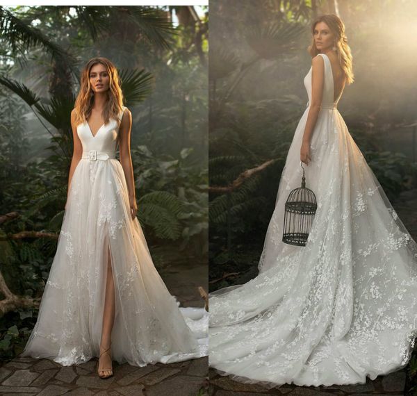 

side split 2020 wedding dresses a line lace appliqued v neck bridal gown boho backless wedding dress robes de mariÃ©e, White