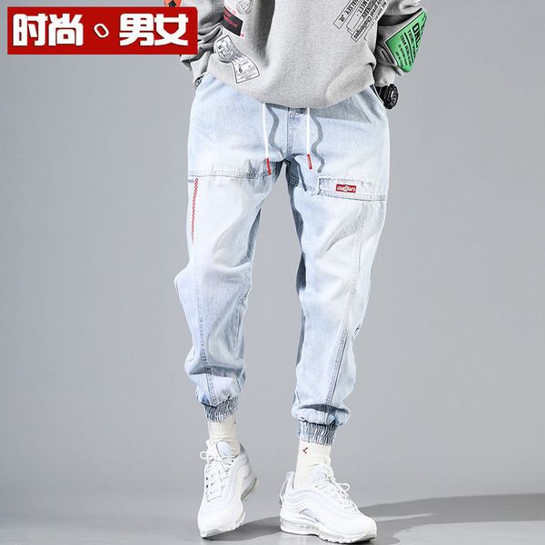 

2019 ins men pants casual mens hip hop rap trousers street ripped jeans japan straight full close-fitting relaxed tapered jean, Blue