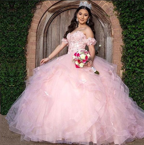 

blush pink ball gown beaded prom dresses off the shoulder neck appliqued formal gown 3d appliqued sweep train tulle quinceanera dr300z, Blue;red