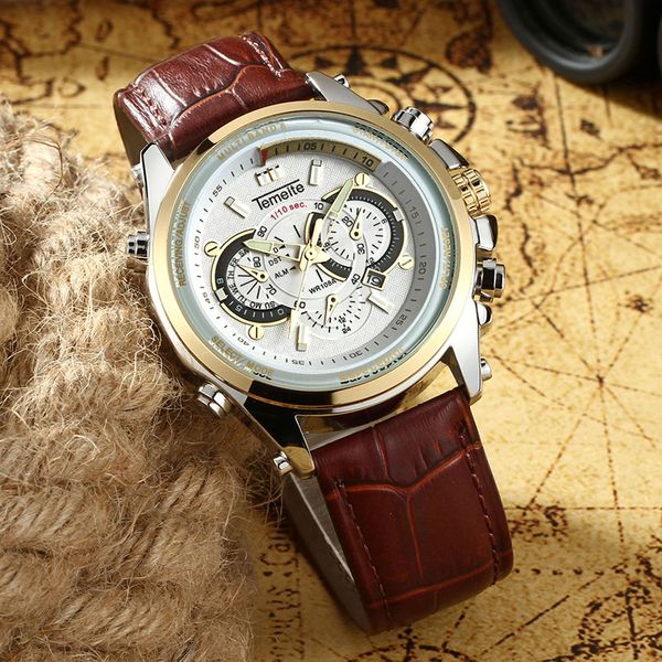 

temeite sports casual quartz watch men brown leather strap sub-dials decoration luminous hands fashion calendar wrist watches, Slivery;brown