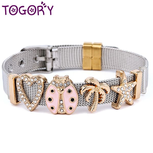 

togory jewelry 10mm slide charm bracelets bangles for women men with gold color heart & tree stainless steel mesh bracelet gift, Golden;silver