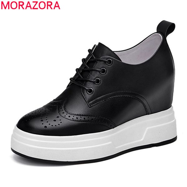 

morazora autumn new brand genuine leather women shoes comfortable flat heel round toe platform shoes fashion lace up women flats, Black
