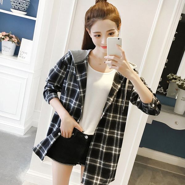 

2019 casual preppy style jacket harajuku women spring plaid hooded long sleeve shirt blouse black red jacket, Black;brown