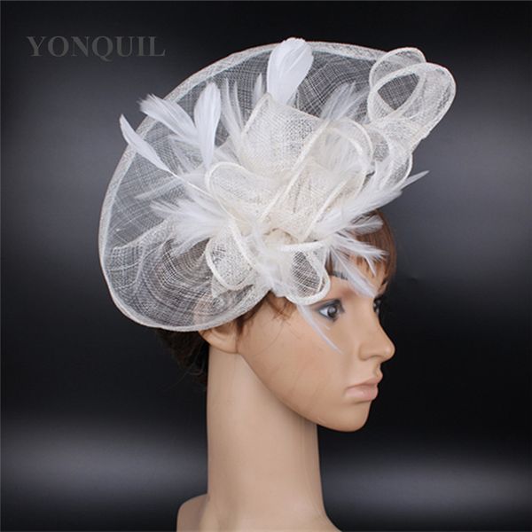 

elegant white event headpiece loop fascinator hats winter feather headdress sposa hair accessories chapeau millinery hat syf107