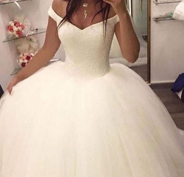 

vestido de noiva ball gown off the shoulder sleeveless plus size wedding dress with beading sweep train bridal gowns, White