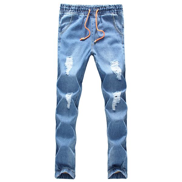 

2018 spring summer hole jeans denim jogger pants ankle length pants loose trousers light blue ripped jeans drawstring S-5XL