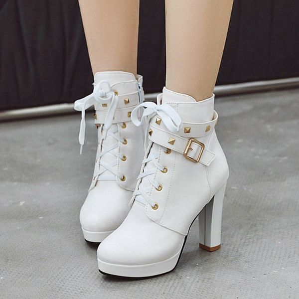 

pxelena drop ship rivet women punk gothic boots super high heels buckle lace up autumn winter boots wedding shoes white, Black