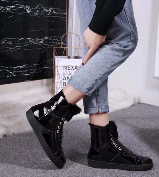 

3 color 2019 2020 winter womens black shiny real leather lace up trainers casual shoes shearling fur lined warm high sneakers