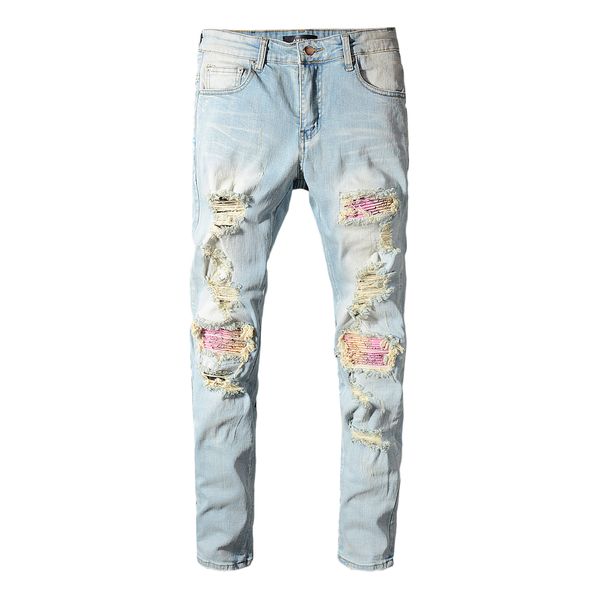 Erkek Kot 2021 Patchwork Paisley Baskılı Biker Açık Mavi Delikler Yırtık Skinny Streç Denim Pantolon Pantolon