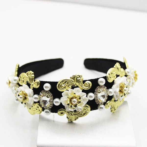 

vintage baroque velvet golden flower black crystal headband pearl hair jewelry for women wedding party hairwear tiara crown gift, Golden;white