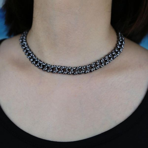 

wholesale hip hop black white cz cuban choker necklace for women black gold color bling cuban choker jewelry, Silver